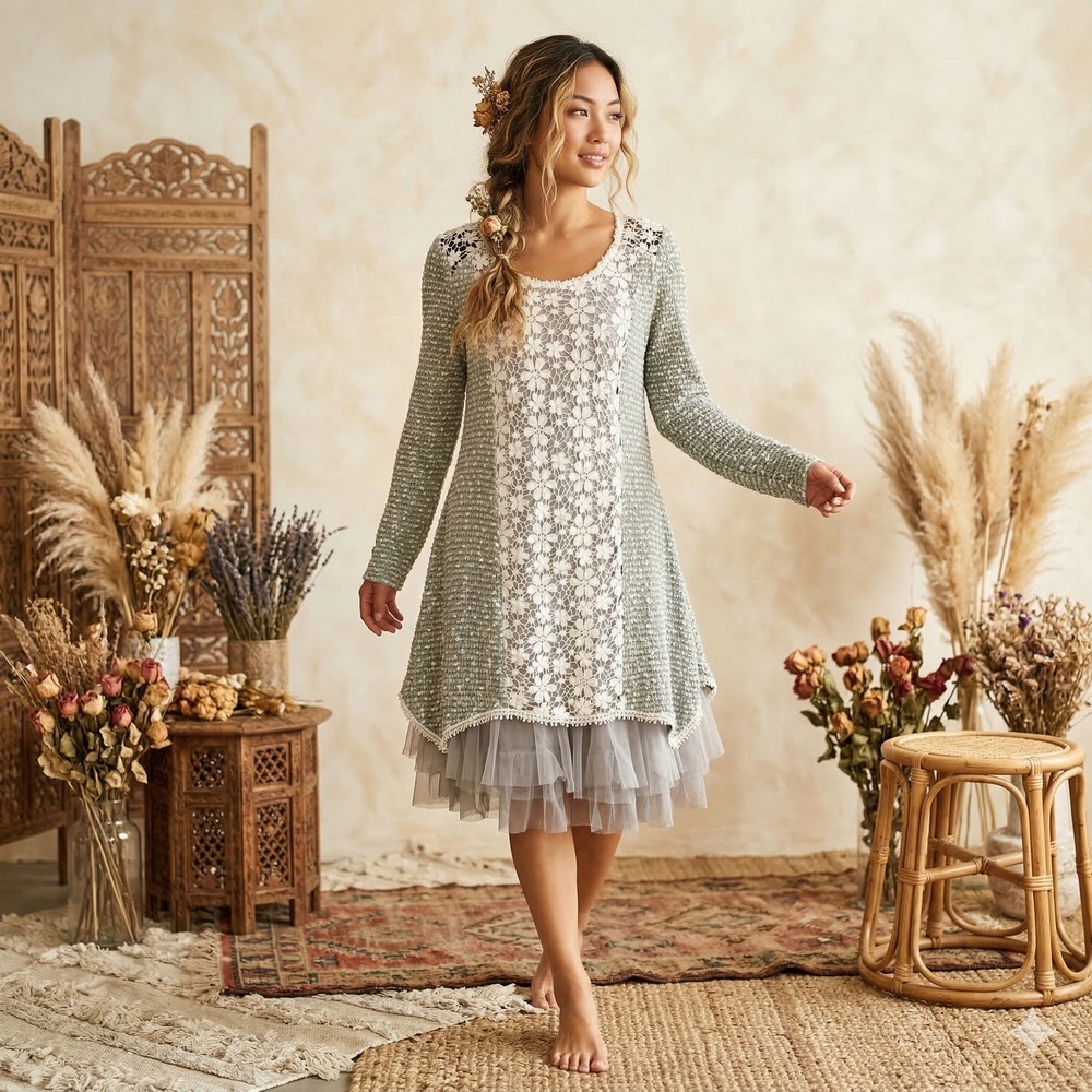 Ryu Sage Green Lace Tulle Hem Tunic Dress Long Sleeve Floral Mixed Media Small